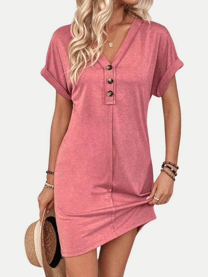 Quarter Button V-Neck Short Sleeve Dress | Trendsi