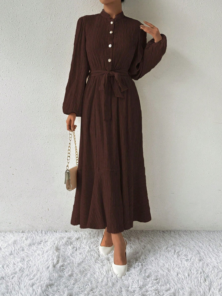 Half Button Tie Waist Long Sleeve Maxi Dress | Trendsi