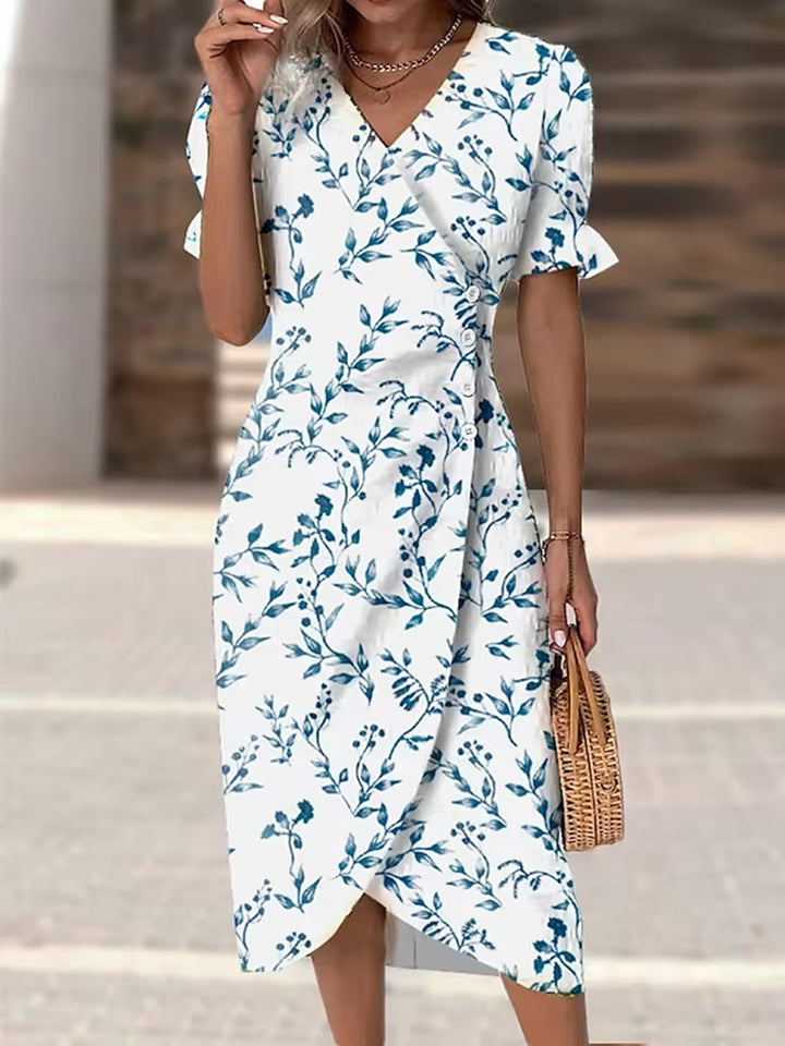 Full Size Printed Surplice Flounce Sleeve Midi Dress | Trendsi