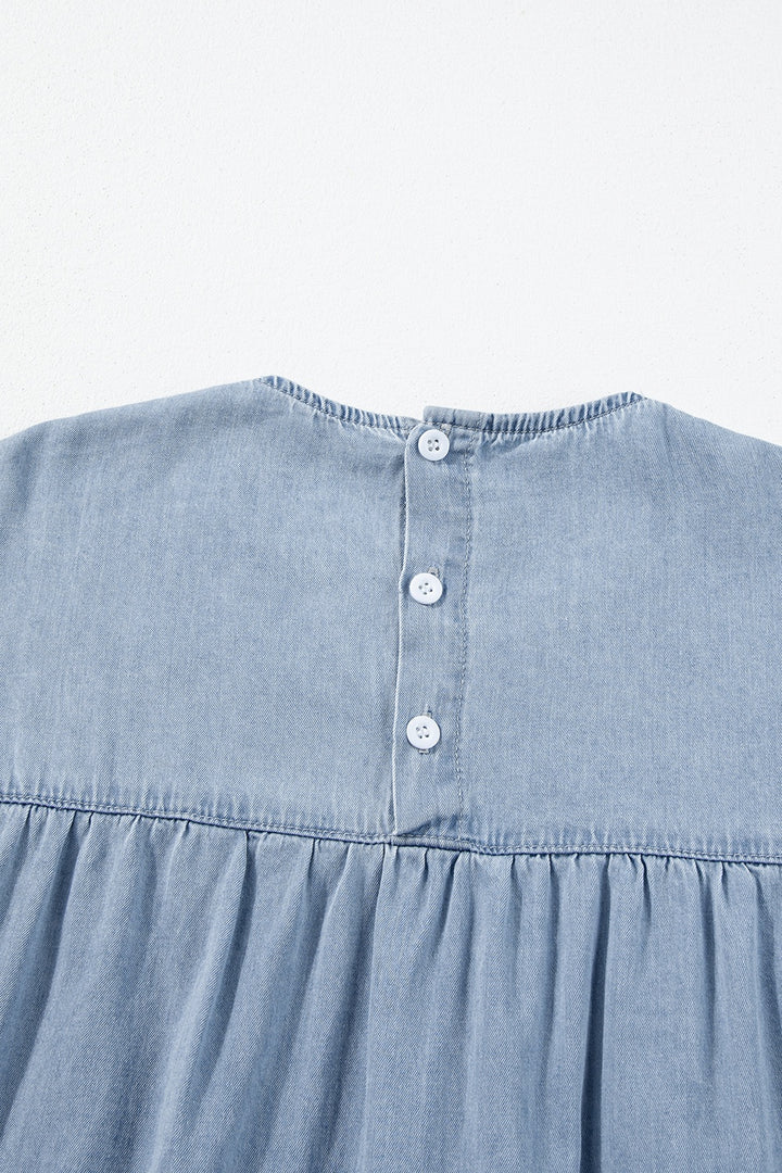 Ruffled Round Neck Cap Sleeve Denim Dress | Trendsi