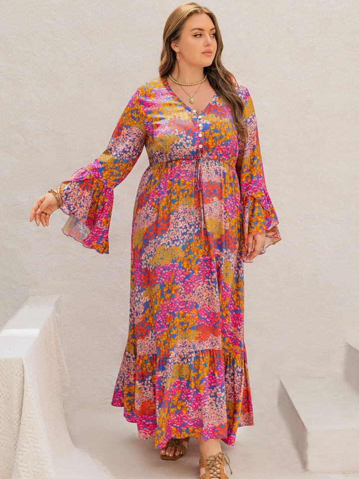 Plus Size Printed V-Neck Long Sleeve Maxi Dress | Trendsi