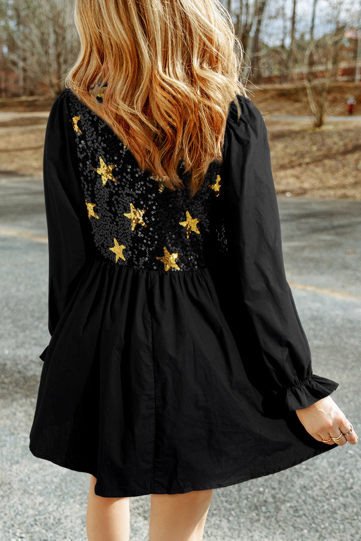 Sequin Star Round Neck Flounce Sleeve Mini Dress | Trendsi