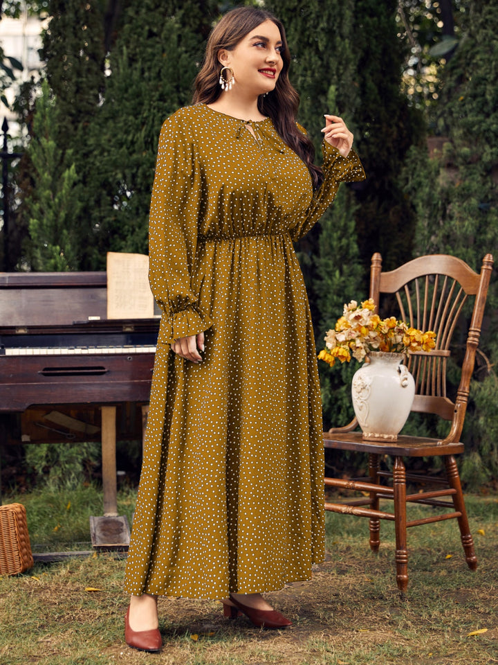 Plus Size Ruffled Polka Dot Long Sleeve Midi Dress | Trendsi