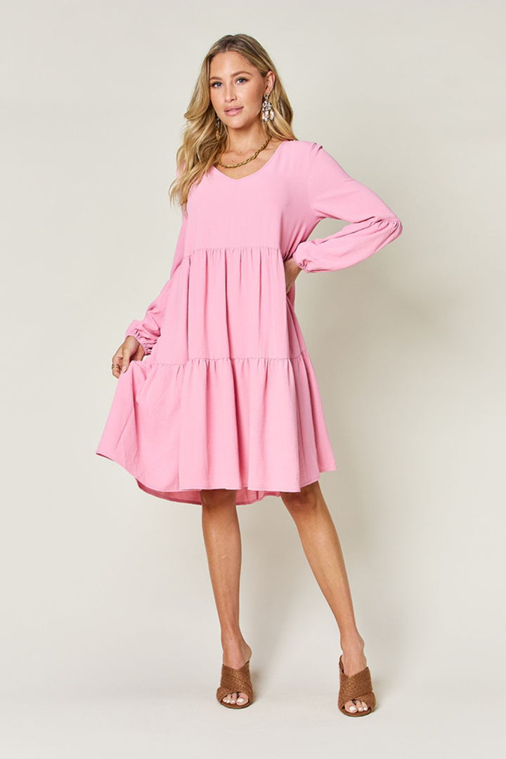 Double Take Full Size V-Neck Balloon Sleeve Tiered Dress | Trendsi