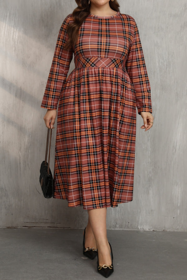 Plus Size Plaid Round Neck Long Sleeve Midi Dress | Trendsi