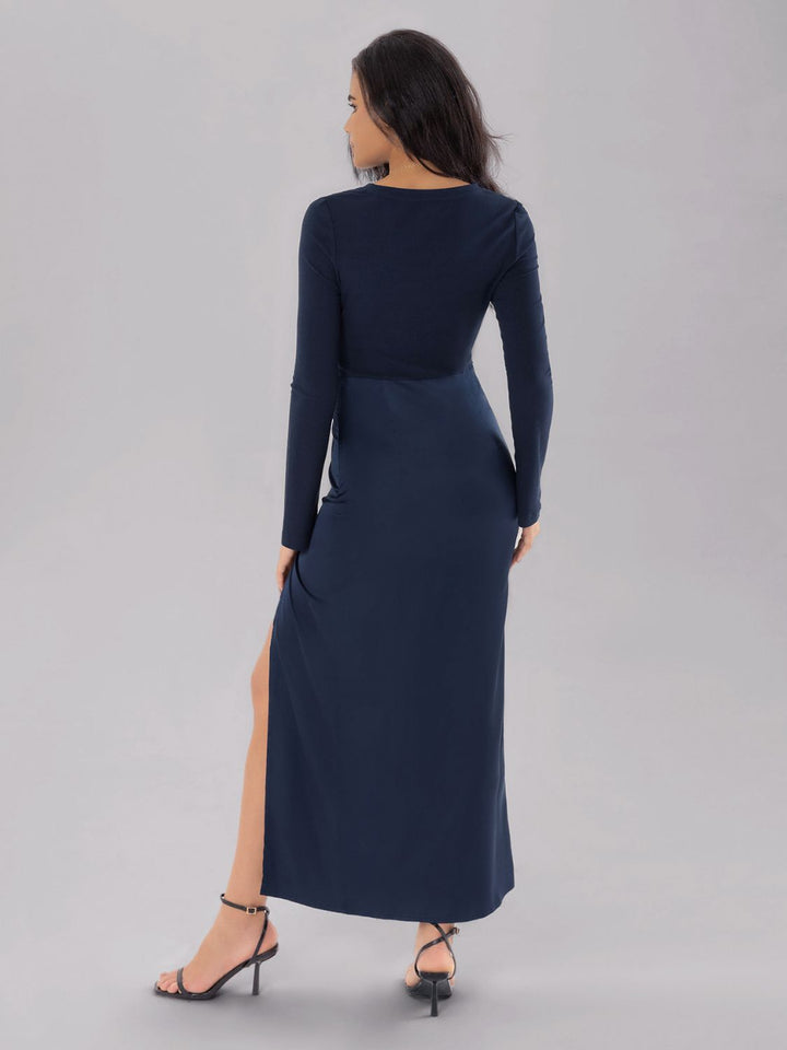 Split Round Neck Long Sleeve Midi Dress | Trendsi