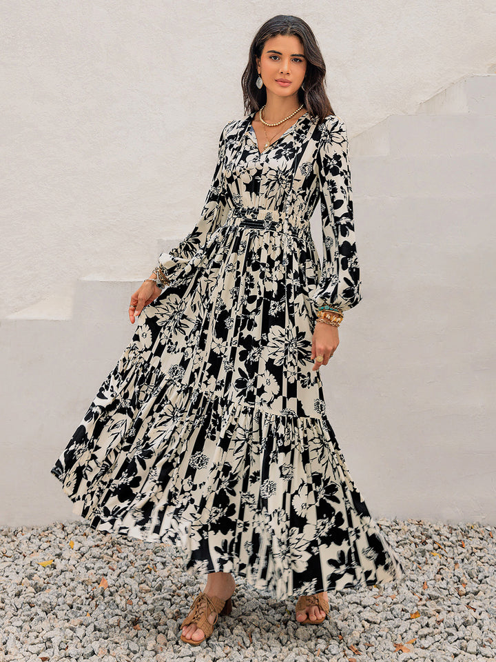 Smocked Printed Tie Neck Long Sleeve Dress | Trendsi