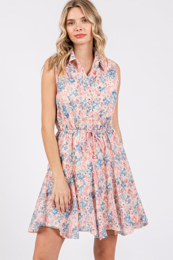 GeeGee Full Size Floral Eyelet Sleeveless Mini Dress | Trendsi