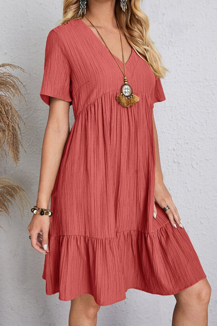 Full Size Ruched V-Neck Short Sleeve Dress | Trendsi