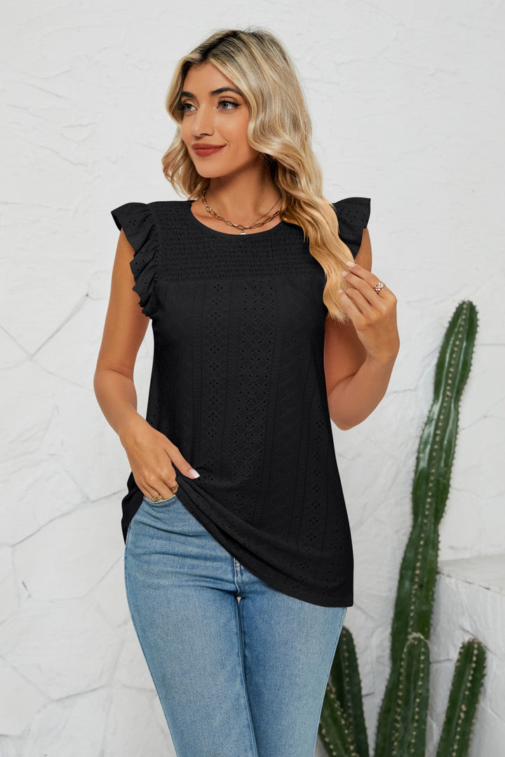 Smocked Round Neck Eyelet Top | Trendsi