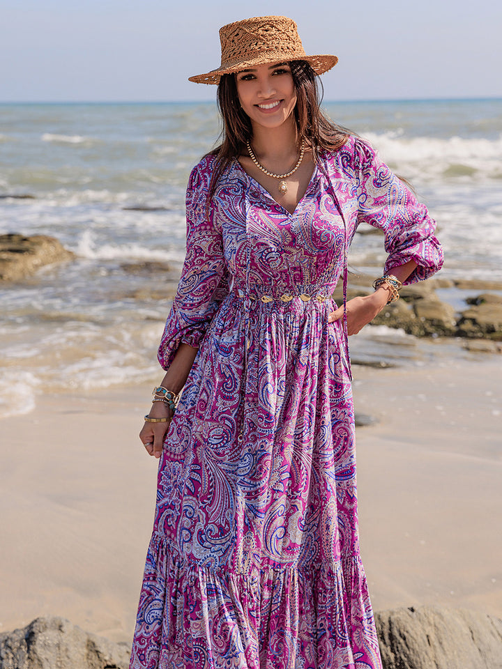 Printed Tie Neck Balloon Sleeve Maxi Dress | Trendsi