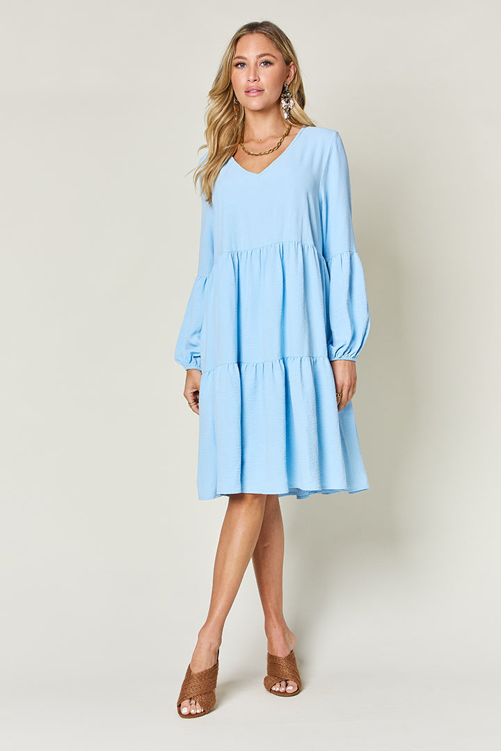 Double Take Full Size V-Neck Balloon Sleeve Tiered Dress | Trendsi