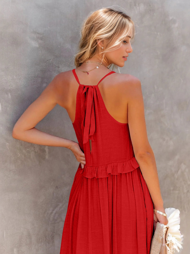 Ruffled Sleeveless Tiered Maxi Dress with Pockets | Trendsi