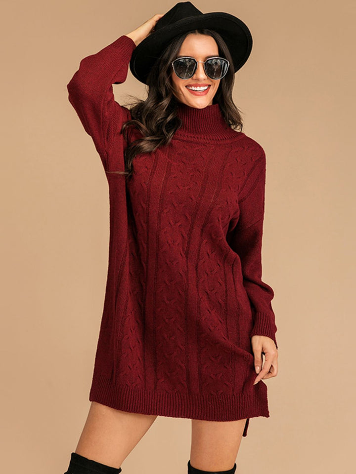 Perfee Slit Turtleneck Long Sleeve Mini Sweater Dress | Trendsi