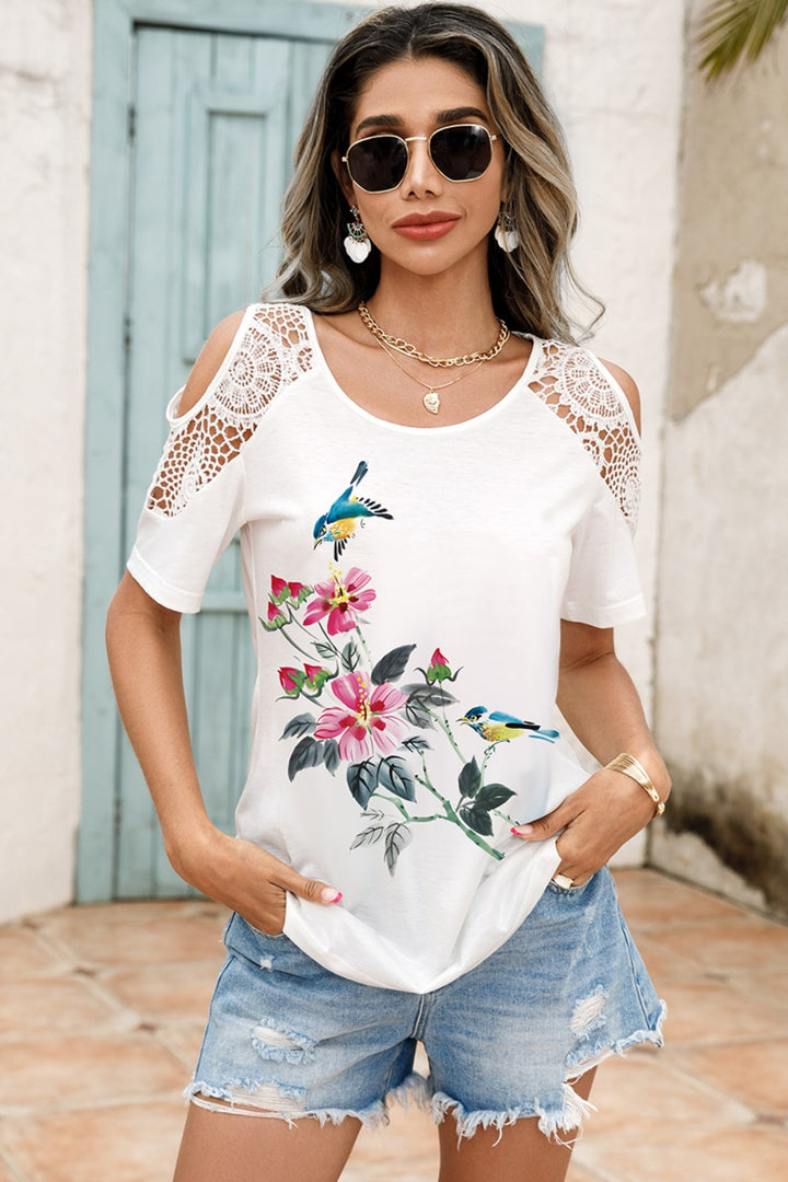 Lace Detail Round Neck Cold Shoulder Blouse | Trendsi