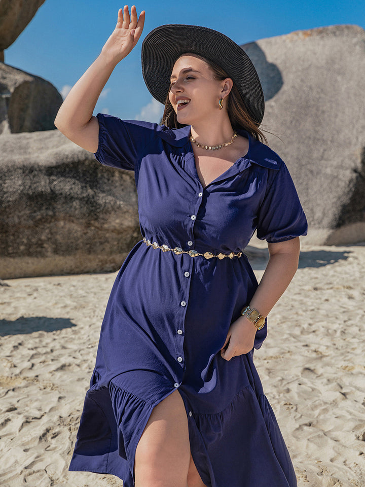 Plus Size Collared Neck Short Sleeve Midi Dress | Trendsi