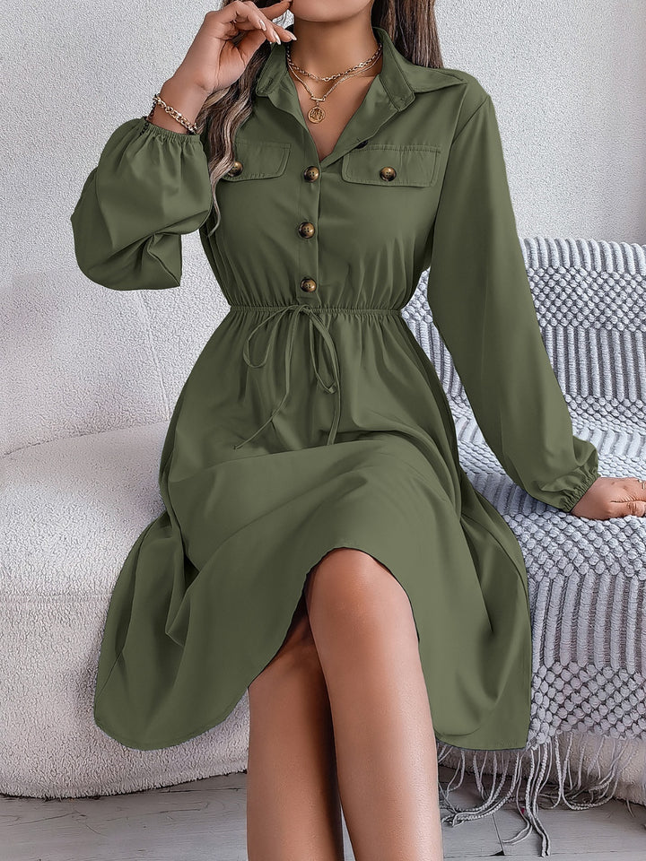 Collared Neck Long Sleeve Dress with Pockets | Trendsi