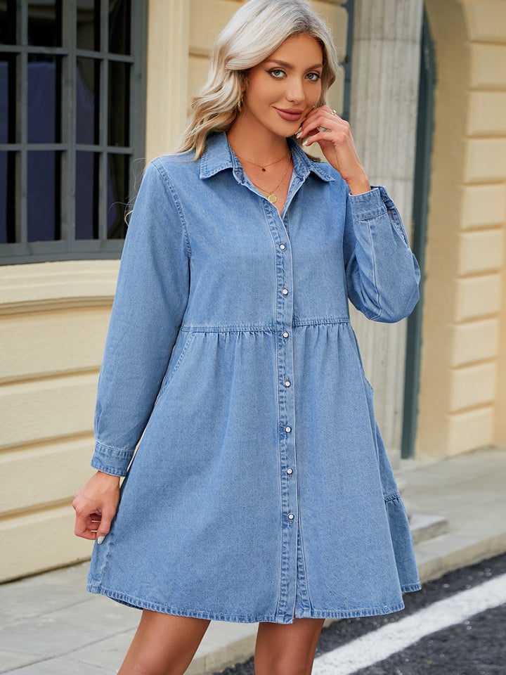 Tiered Button Up Long Sleeve Denim Dress | Trendsi