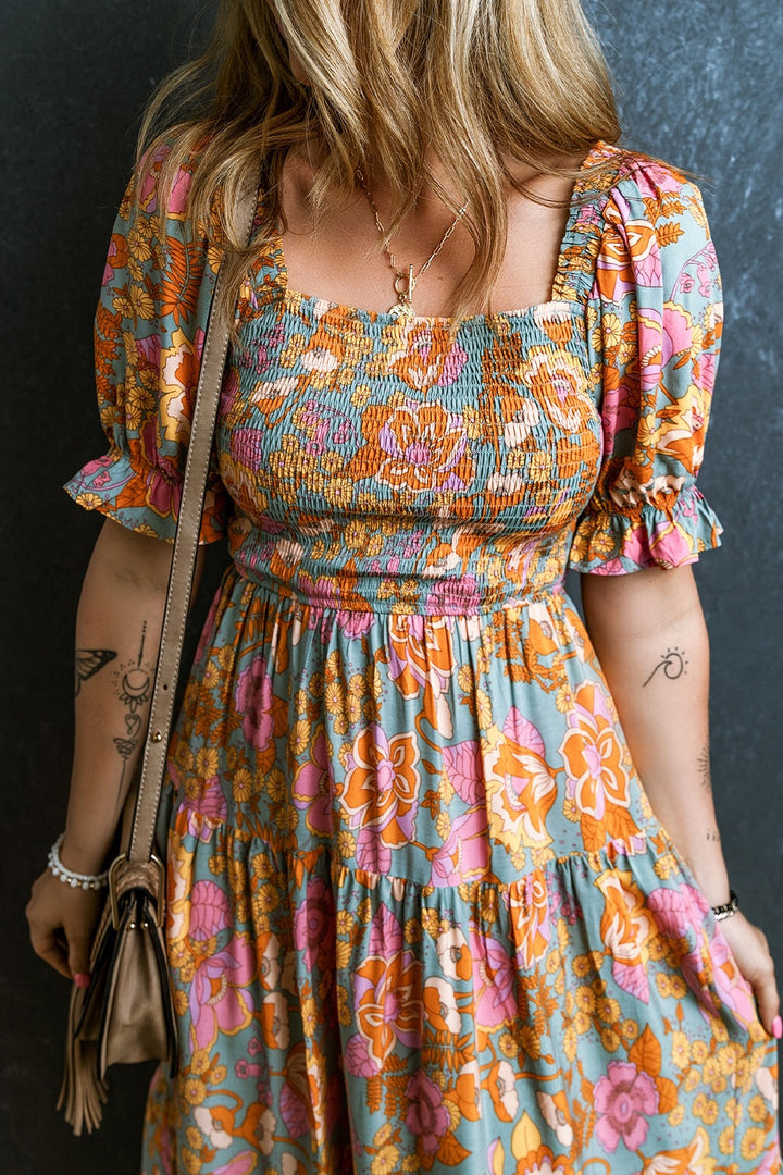 Smocked Printed Short Sleeve Dress | Trendsi