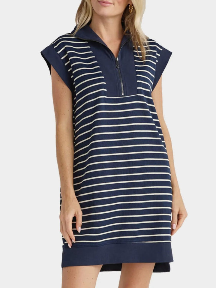 Full Size Pocketed Striped Quarter Zip Cap Sleeve Dress | Trendsi