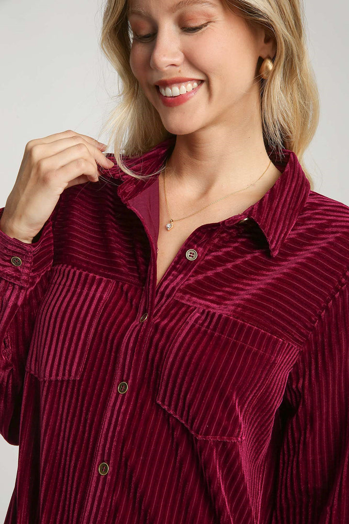 Umgee Texture Curved Hem Button Down Shirt Dress | Trendsi