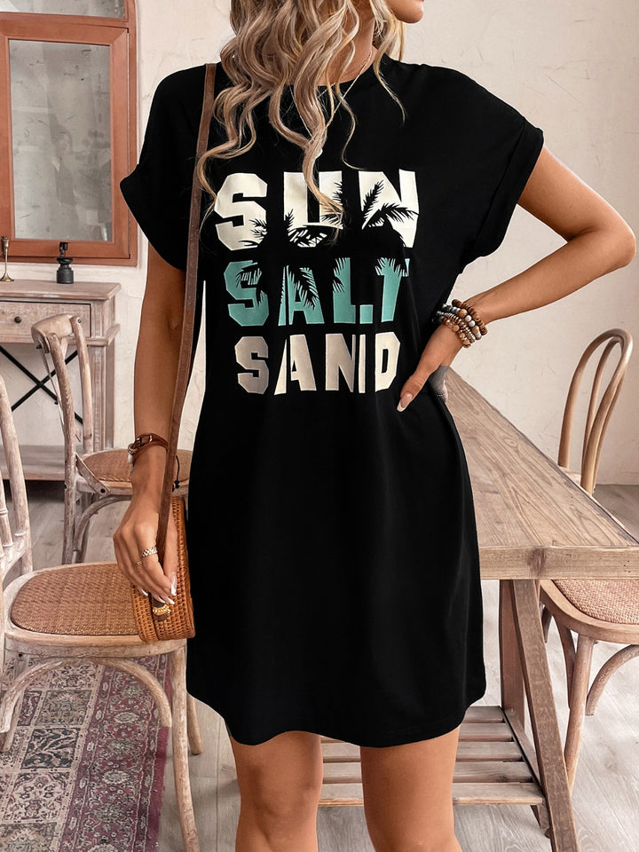 Letter Graphic Round Neck Short Sleeve Mini Tee Dress | Trendsi