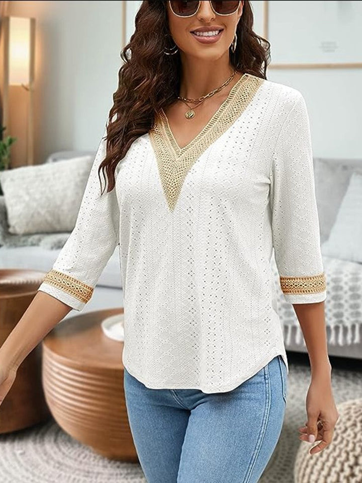 V-Neck Eyelet Blouse | Trendsi