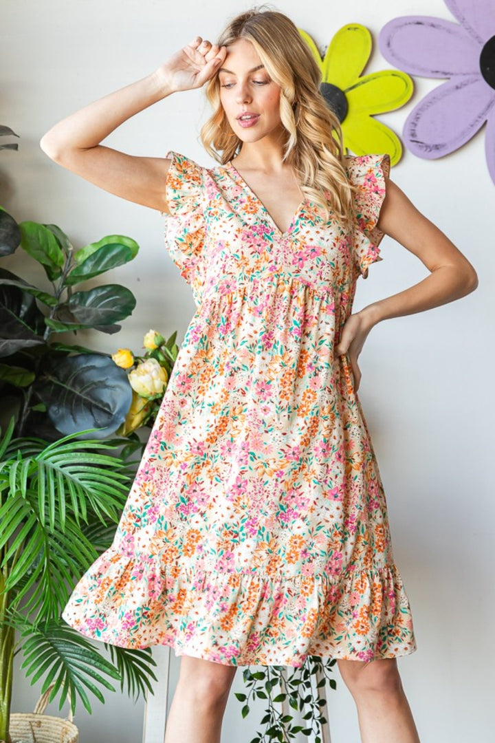 Heimish Full Size Floral Ruffled V-Neck Dress | Trendsi