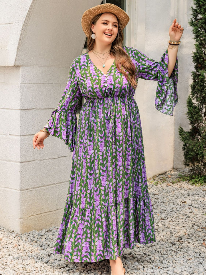 Plus Size Printed V-Neck Long Sleeve Maxi Dress | Trendsi