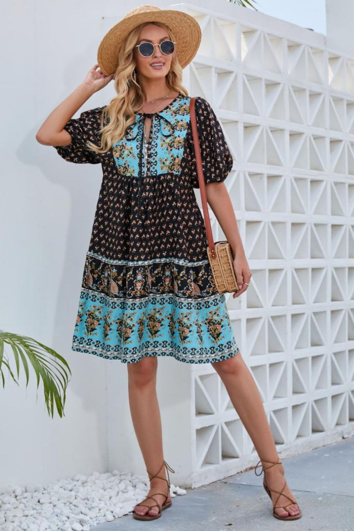 Printed Tie Neck Half Sleeve Dress | Trendsi