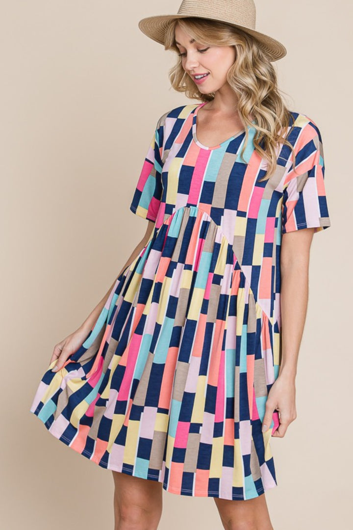 BOMBOM Ruched Color Block Short Sleeve Mini Dress | Trendsi