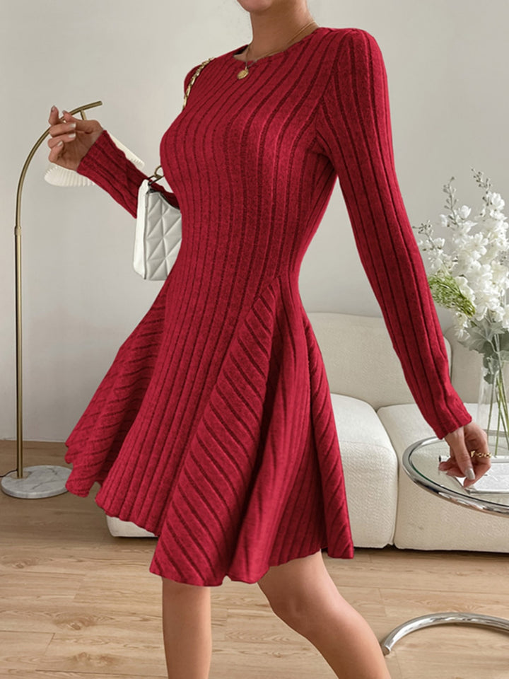 Ribbed Round Neck Long Sleeve Dress | Trendsi