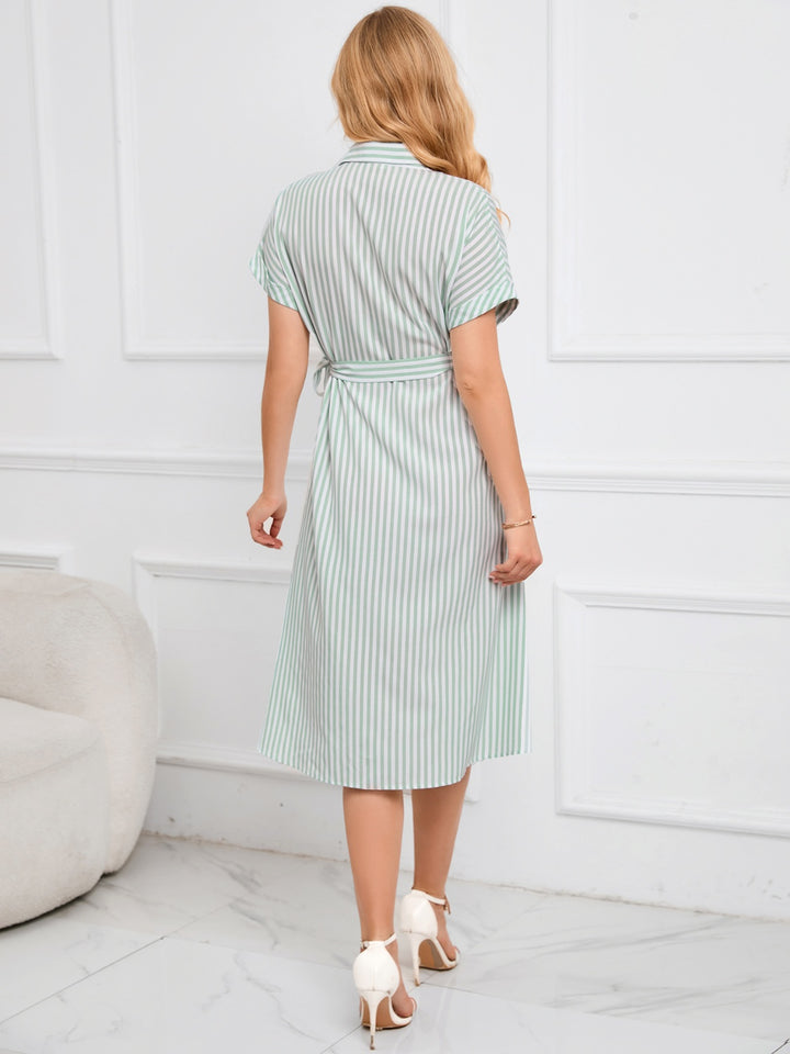 Striped Short Sleeve Tie Waist Midi Dress | Trendsi