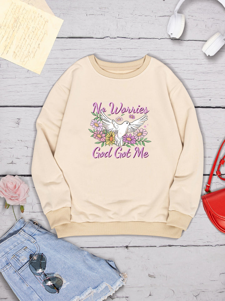 NO WORRIES GOD GOT ME Round Neck Sweatshirt | Trendsi