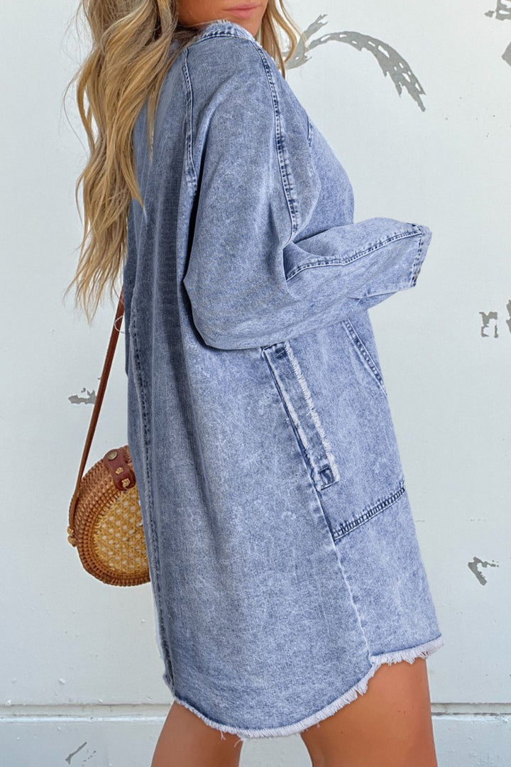 Raw Hem Button Down Long Sleeve Denim Dress | Trendsi