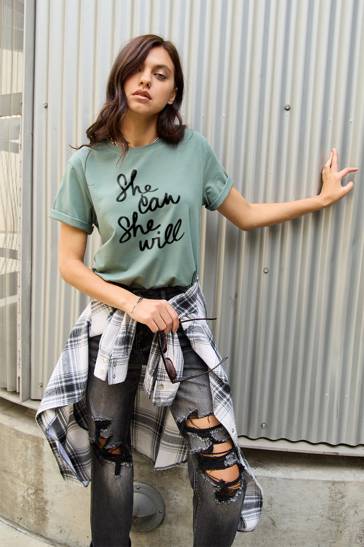 Simply Love Full Size SHE CAN SHE WILL Short Sleeve T-Shirt | Trendsi