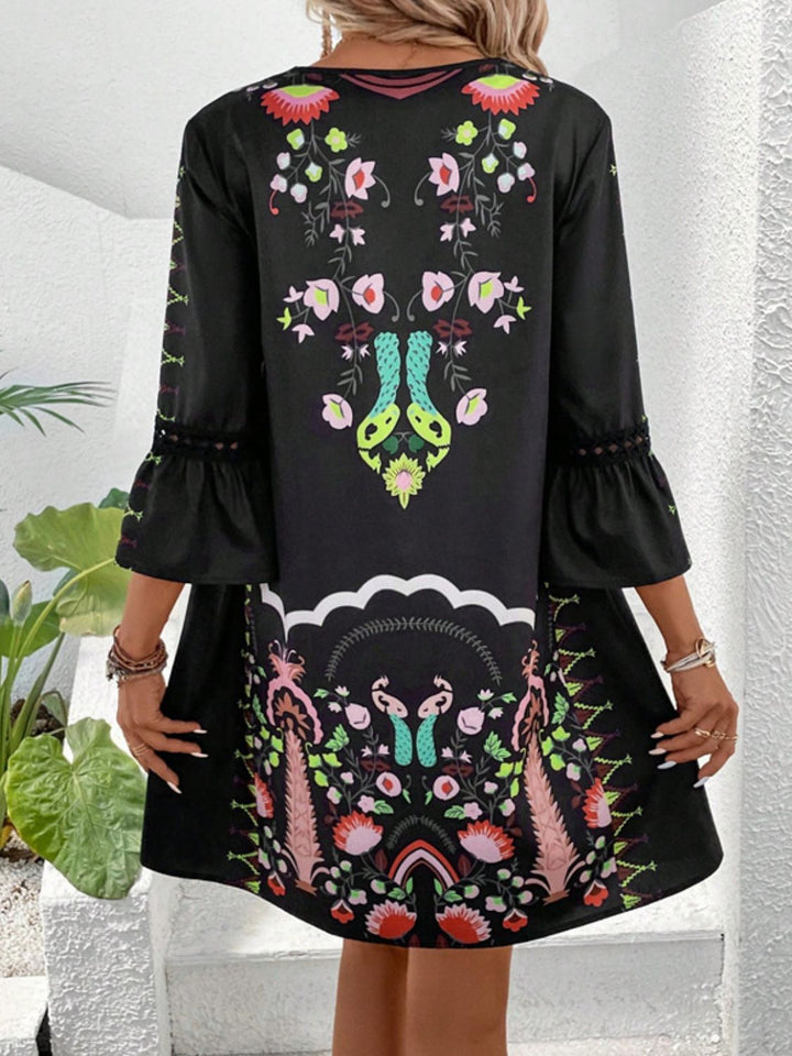 Lace Detail Printed Three-Quarter Sleeve Dress | Trendsi