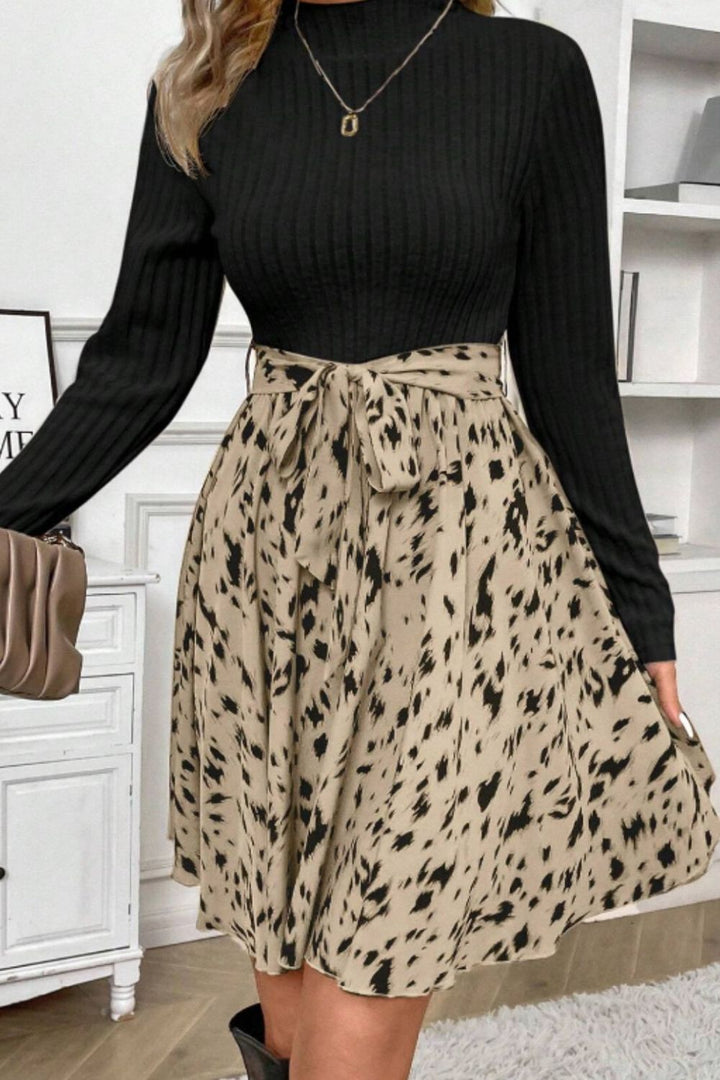 Printed Tie Waist Mock Neck Long Sleeve Dress | Trendsi