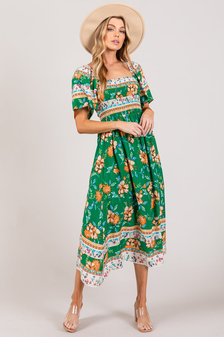 SAGE + FIG Printed Smocked Short Sleeve Midi Dress | Trendsi