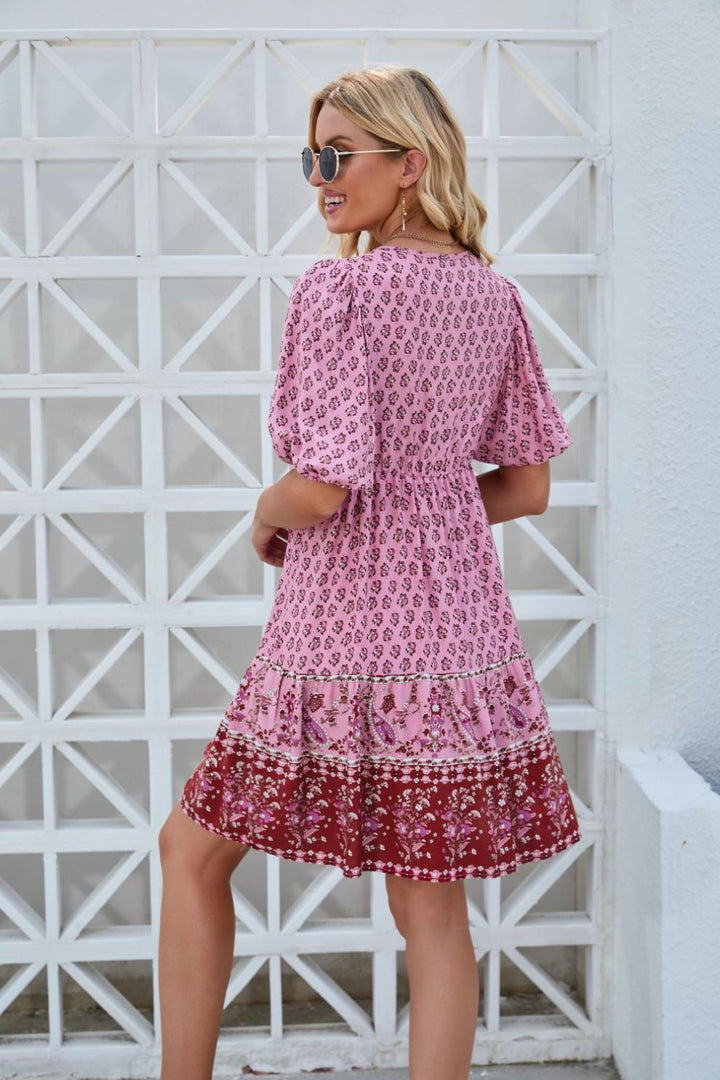 Printed Tie Neck Half Sleeve Dress | Trendsi