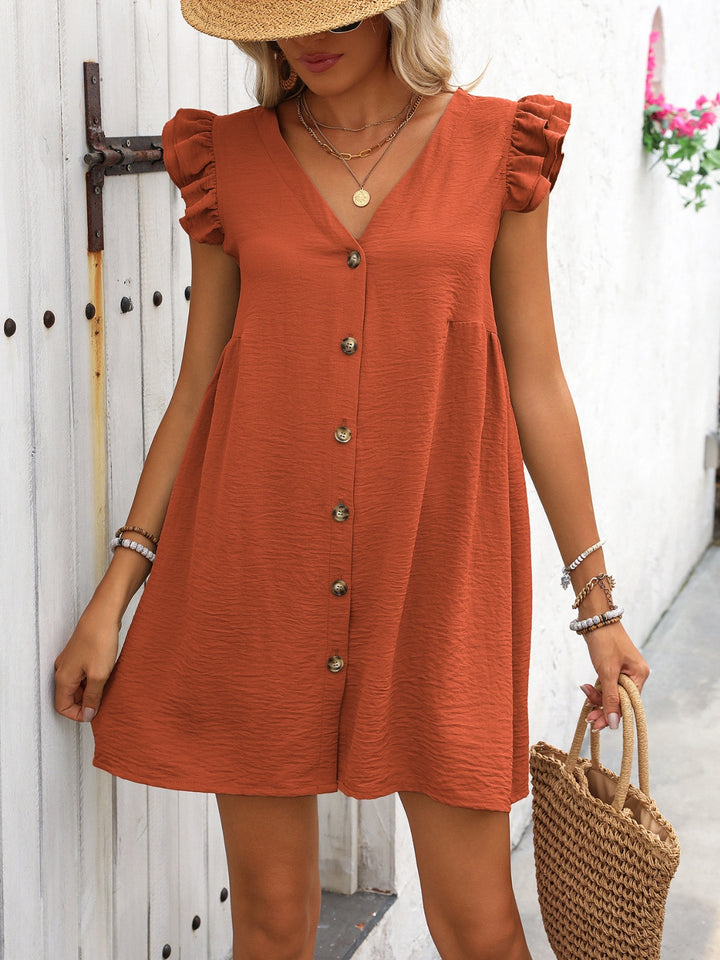 Button Up V-Neck Cap Sleeve Mini Dress | Trendsi