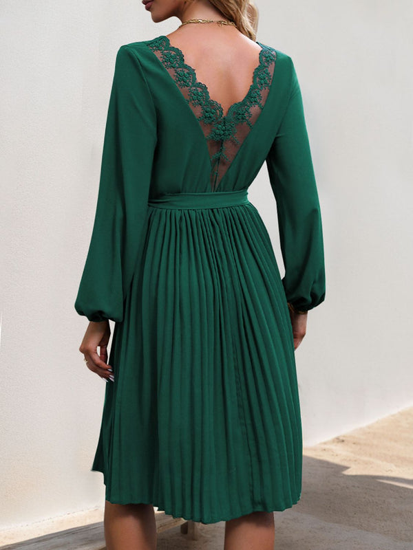 Lace V-Neck Long Sleeve Pleated Dress | Trendsi