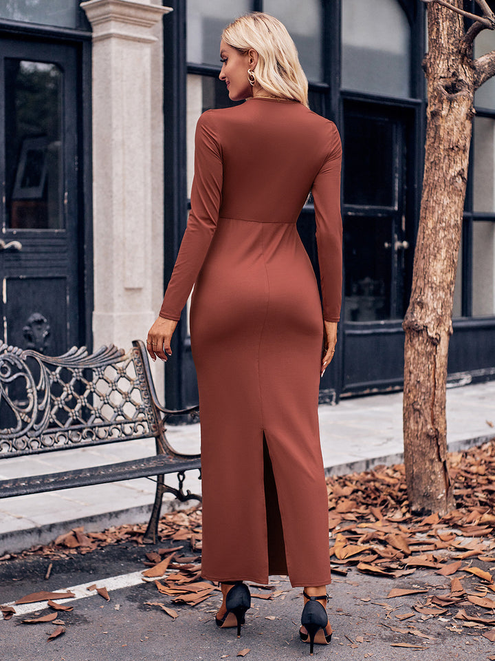 Slit Twisted Surplice Long Sleeve Dress | Trendsi