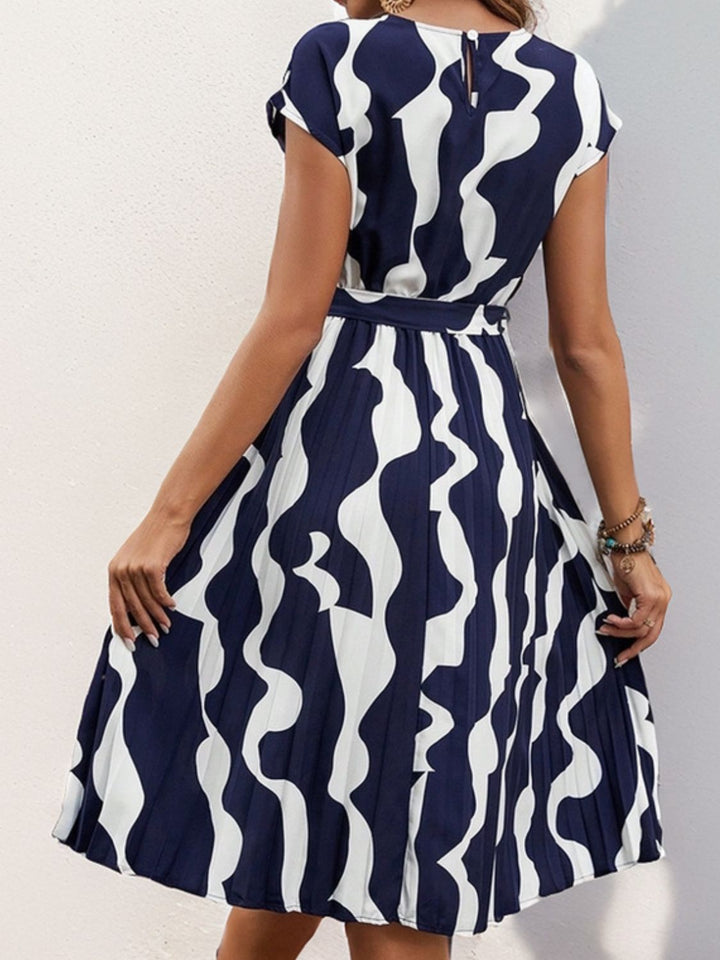 Tied Pleated Printed Cap Sleeve Dress | Trendsi