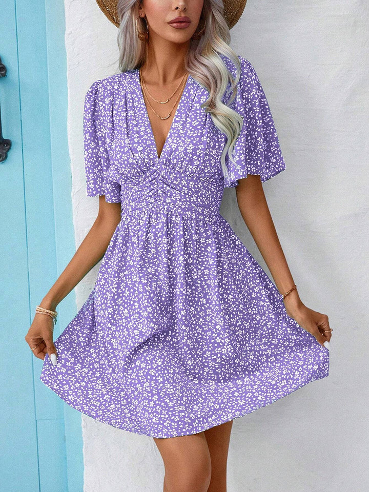 Printed V-Neck Half Sleeve Mini Dress | Trendsi