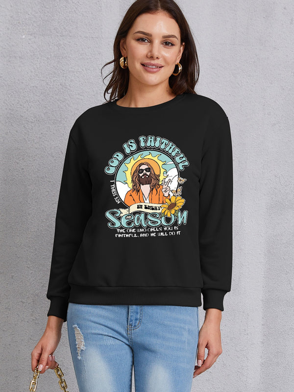 Graphic Round Neck Dropped Shoulder Sweatshirt | Trendsi