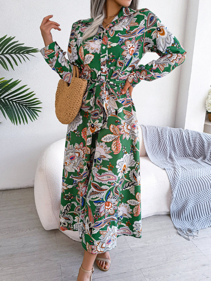 Tied Printed Long Sleeve Midi Dress | Trendsi