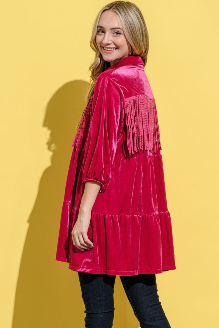 And The Why Fringe Detailed Velvet Shirt Dress | Trendsi