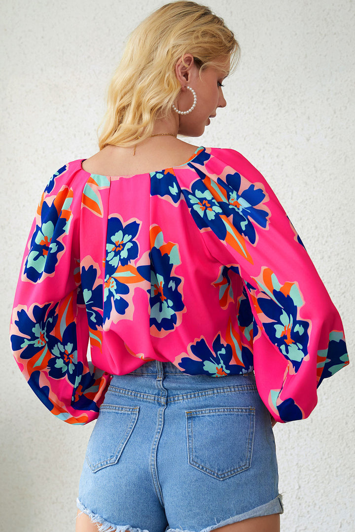 Floral Print V-Neck Lantern Sleeve Blouse | Trendsi