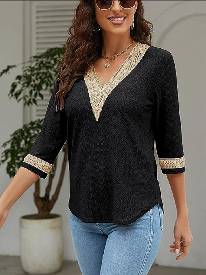 V-Neck Eyelet Blouse | Trendsi